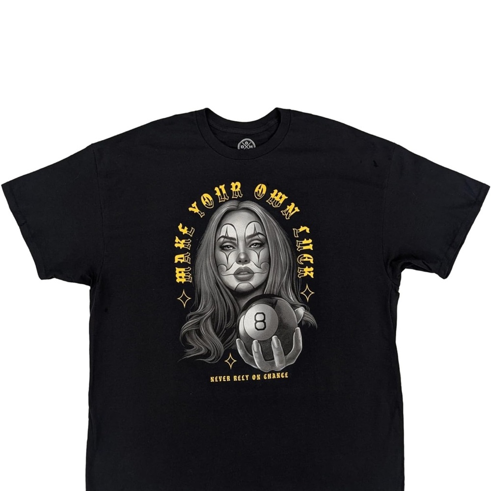 Black Graphic T-Shirt with Gold and Gray Pinup Girl Design